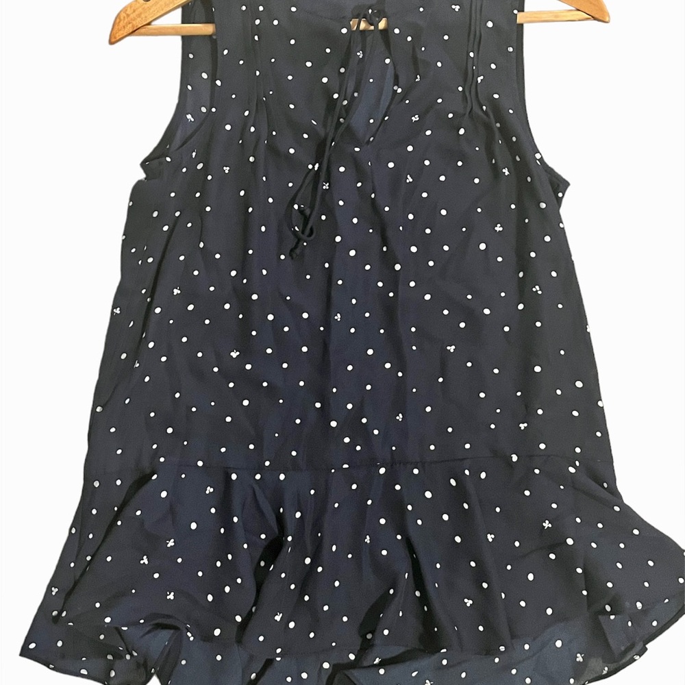 New! Dots and ruffles women’s sleeveless top. Blue with white dots.